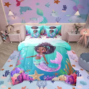 Black Mermaid Comforter Set with Sheets, 7 Piece Black Princess Girl Bed in A Bag,Cute Ocean Mermaid Bedding Set
