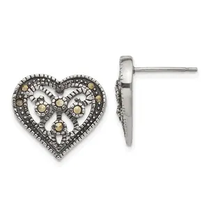 Sophia Jewelers Stainless Steel Marcasite Heart Earrings Polished Antiqued Finish