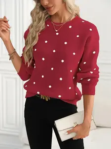 Elegant Polka Dot Round Neck Pullover Sweater, Long Sleeve Basic Knitwear for Women, Ladies Fashion Clothing for Daily Wear