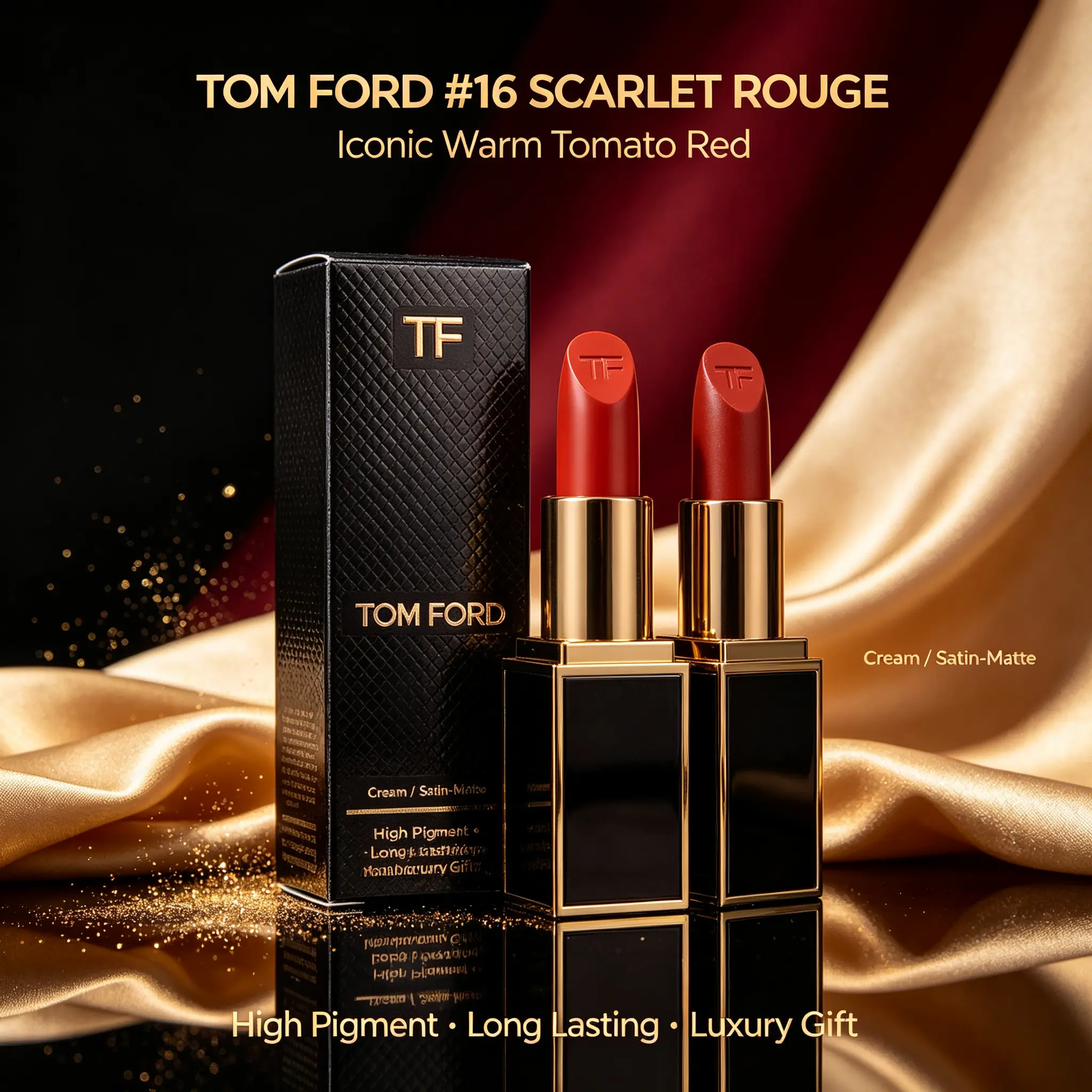 TOM FORD Lip Color Cream Finish Lipstick, Hydrating Satin Shine Warm Red Luxury Lip Stick Full‑Size 3.5g