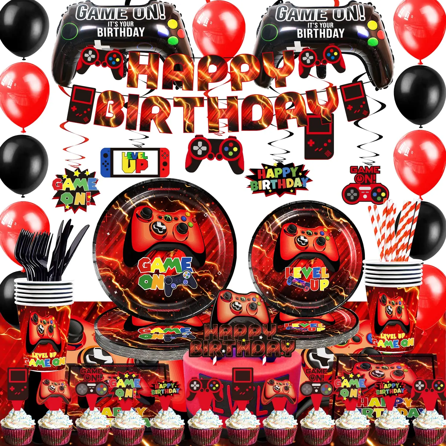 Red Video Game Party Supplies - 212Pcs Gamer Gaming Party Decoration For Boys Birthday Party - Table Cover Plates Cups Napkins Utensils Hanging Swirls Banner Topper Serves 16 Guests with Eco-Friendly Biodegradable Plates and Cups