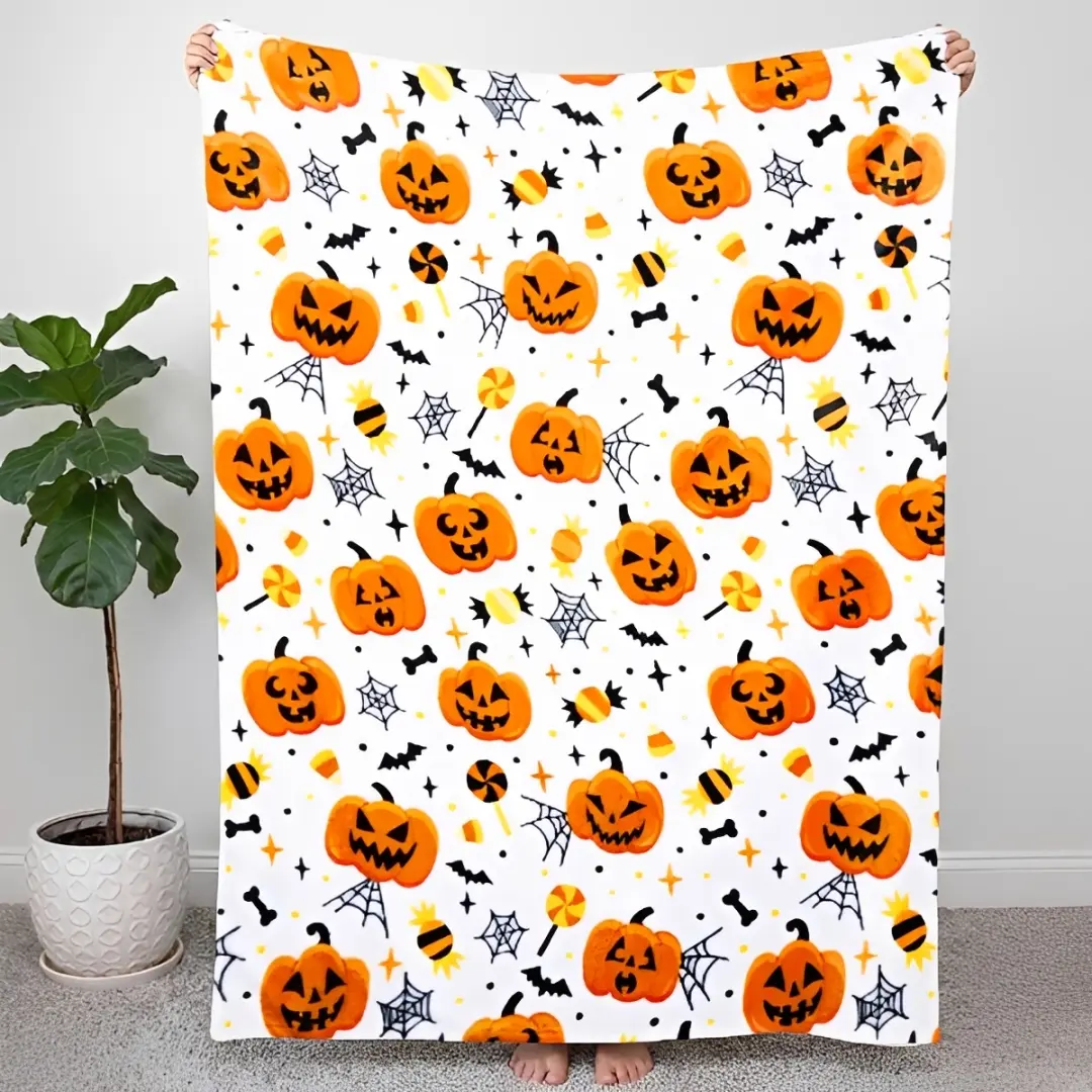 White Halloween Blanket - Spooky Pumpkin Star Print Blanket, Angel Flannel Soft Comfy Halloween Blankets, Cozy Fall Bedding Cute Room Stuff