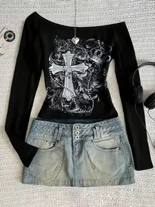 Women's Long Sleeve Cross Rivet Chain Print Shoulderless T-Shirt, Top, Womenswear, Vintage Drop Shoulder Fitted Tee, Y2K Style, Fall Winter Fashion