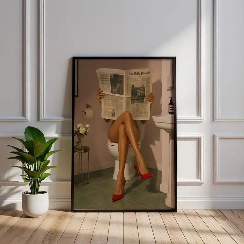 Funny Bathroom Newspaper Art, Trendy Woman on Toilet Poster, Red Heels Aesthetic Print