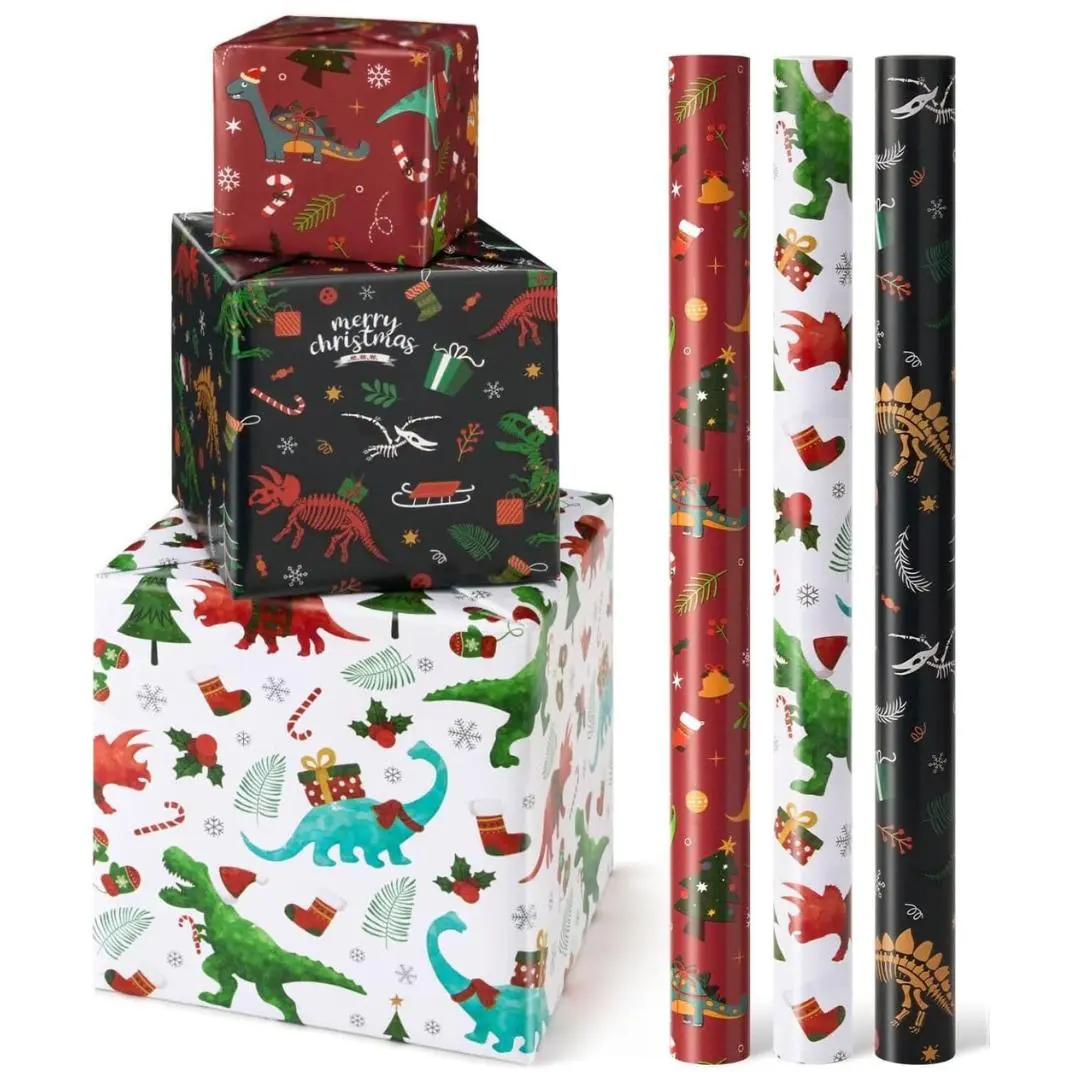 Christmas Kids Wrapping Paper Rolls - 3 Rolls 17" x 120" Kids Dinosaur Wrapping Paper Rolls Boys Christmas Wrapping Paper Rolls Holiday Wrapping Paper Child Dinosaur Gift Wrap with Cutting Line