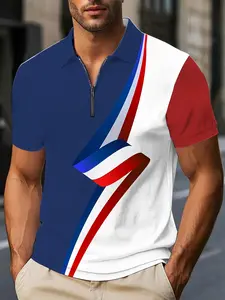 Men's Regular Fit France Flag Print Polo Shirt, Casual Short Sleeve Half Zip Top for Summer, Fashion Men's Clothes for Daily Wear, Tropical