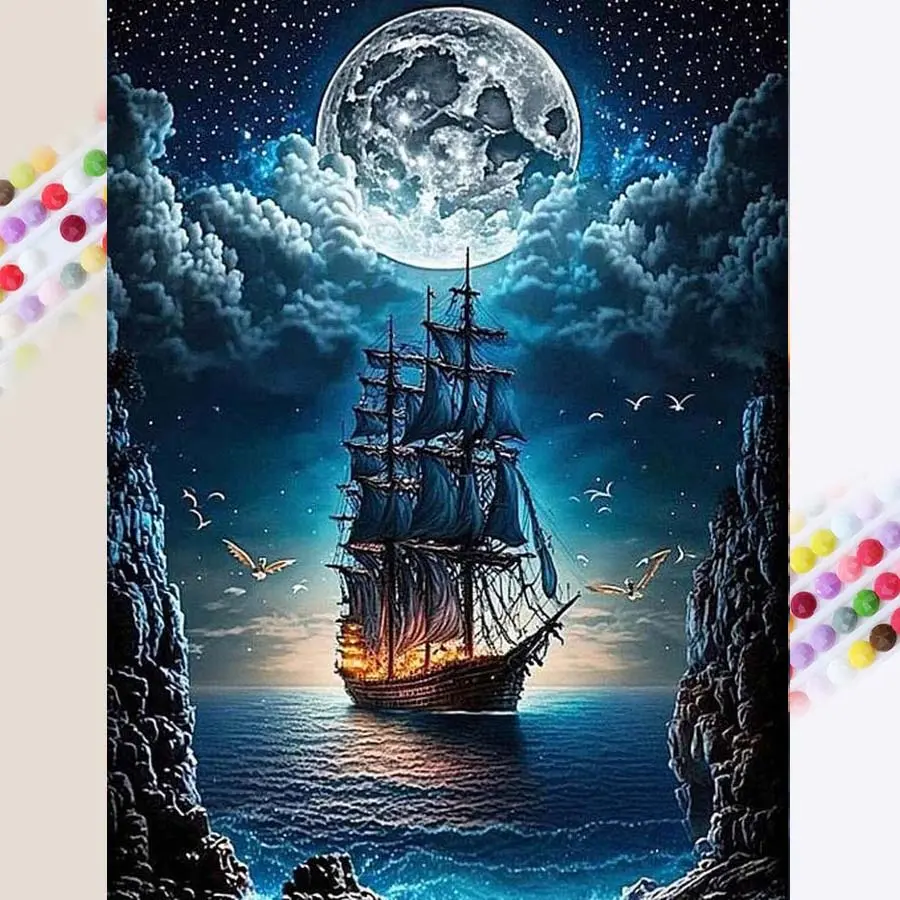 1 DIY Diamond Painting Kit, 5D Diamond Art Set, DIY Decoration, Moon, Sailboat, Ocean, Cloud Pattern. Diamond painting kit with full round diamonds, mosaic, diamond art, DIY art home decoration, Wall Art Painting, suitable for Christmas.