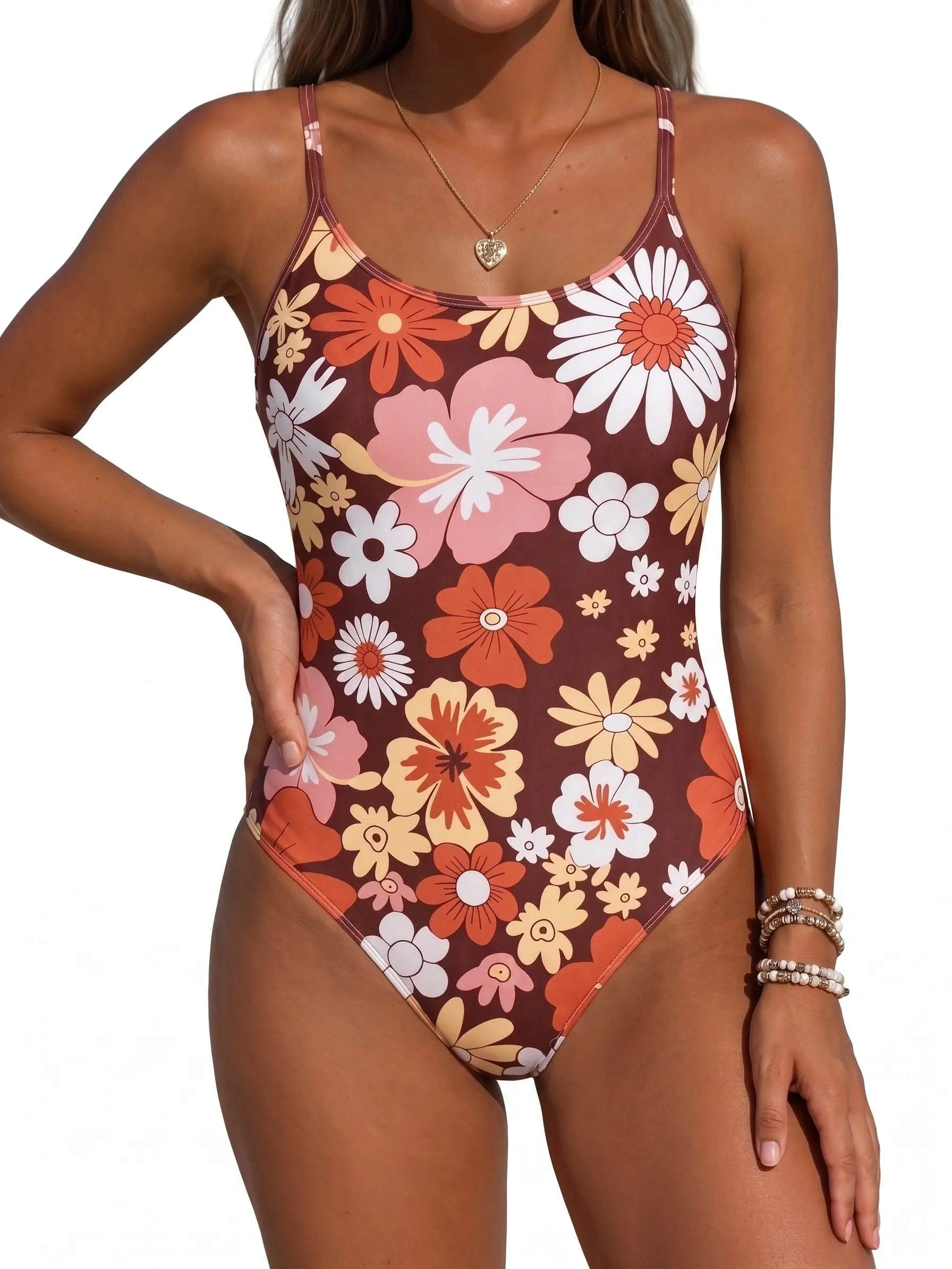 Women's True U.S. High-Cut Legs Retro Floral Print Scoop Neck 70s Vintage Backless Slimming 1-Piece Swimsuit - Adjustable Straps, Hand Wash Cold, for 2026 Summer Vacation Beachwear Pool Party, Vintage Floral, Beach Wear, Female