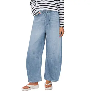 ANRABESS Women Wide Leg Drawstring Denim Barrel Jeans High Waisted Pants Y2K Baggy Loose Fit Trouser Jeans with Pockets