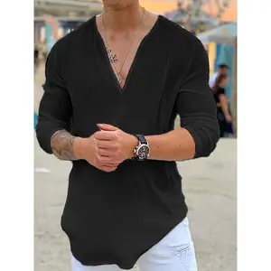 Men'S Casual V-Neck Solid Color Long Sleeve Non-Stretch Polyester Shirt, Boho Style, Regular Fit for Weekend Casual, Spring/Fall Collection, Casual Wear |   Minimalist Shirt |   Polyester Fabric