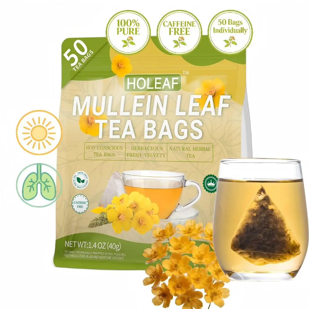 HOLEAF 50-Count Natural Herbal Mullein Leaf Tea Bags - 40g Clean, Caffeine-Free, Eco-Conscious Beverage for Adults, Smokers
