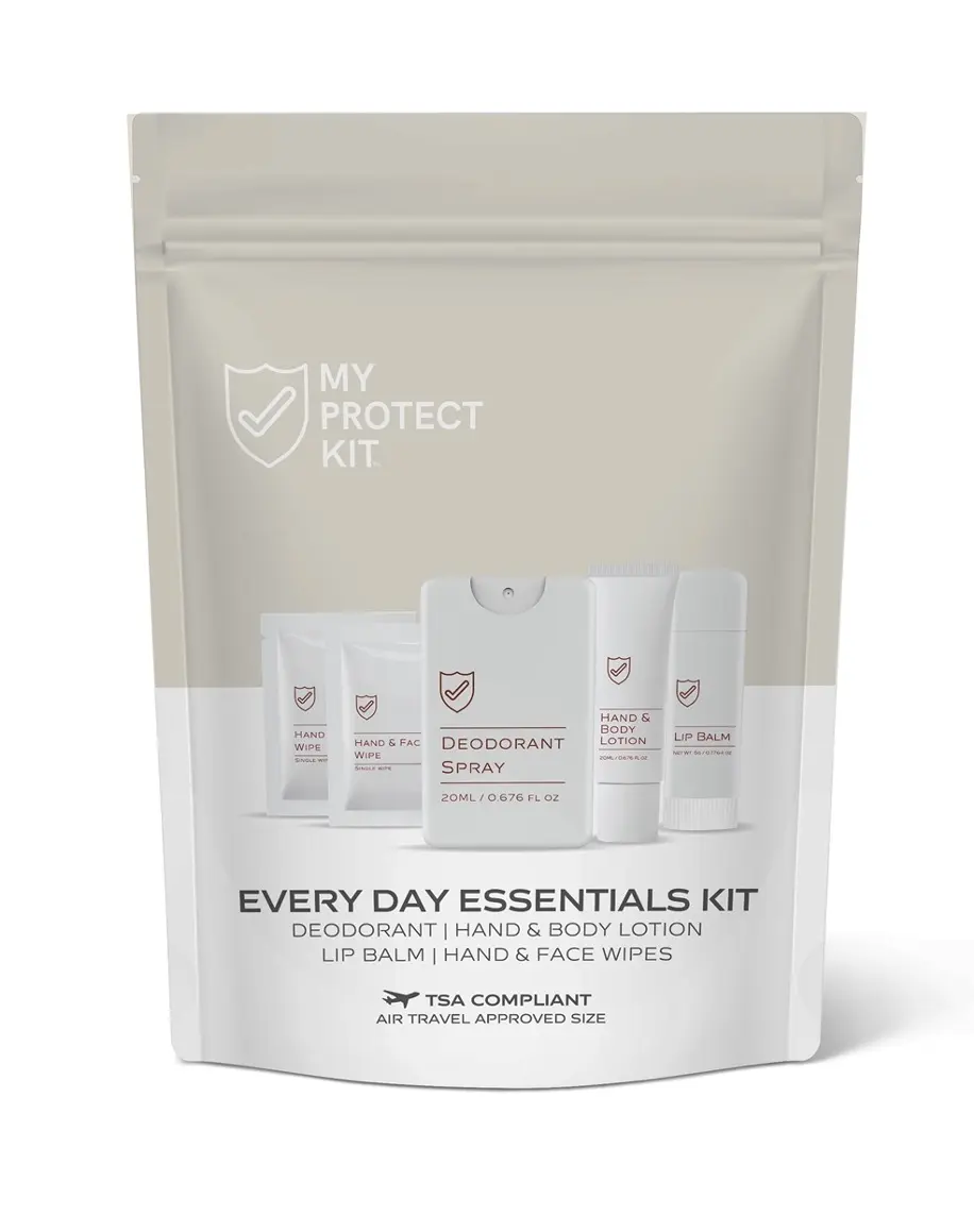 MY PROTECT KIT All-in-One Daily Refresh - The Every Day Essentials Kit, Travel-Size Toiletries for Instant Freshness Anywhere - TSA-Approved Mini Kit with Deodorant Spray, Hand & Body Lotion, Lip Balm, and 5 Single-Use Hand & Face Wipes