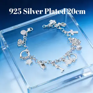 Shiny 925 silver plated! 20cm multi-charm bracelet with sensual charm, a daily essential. Cross & star fun pendants design, suitable for all occasions, the perfect gift for her.                        ？ ？ ？