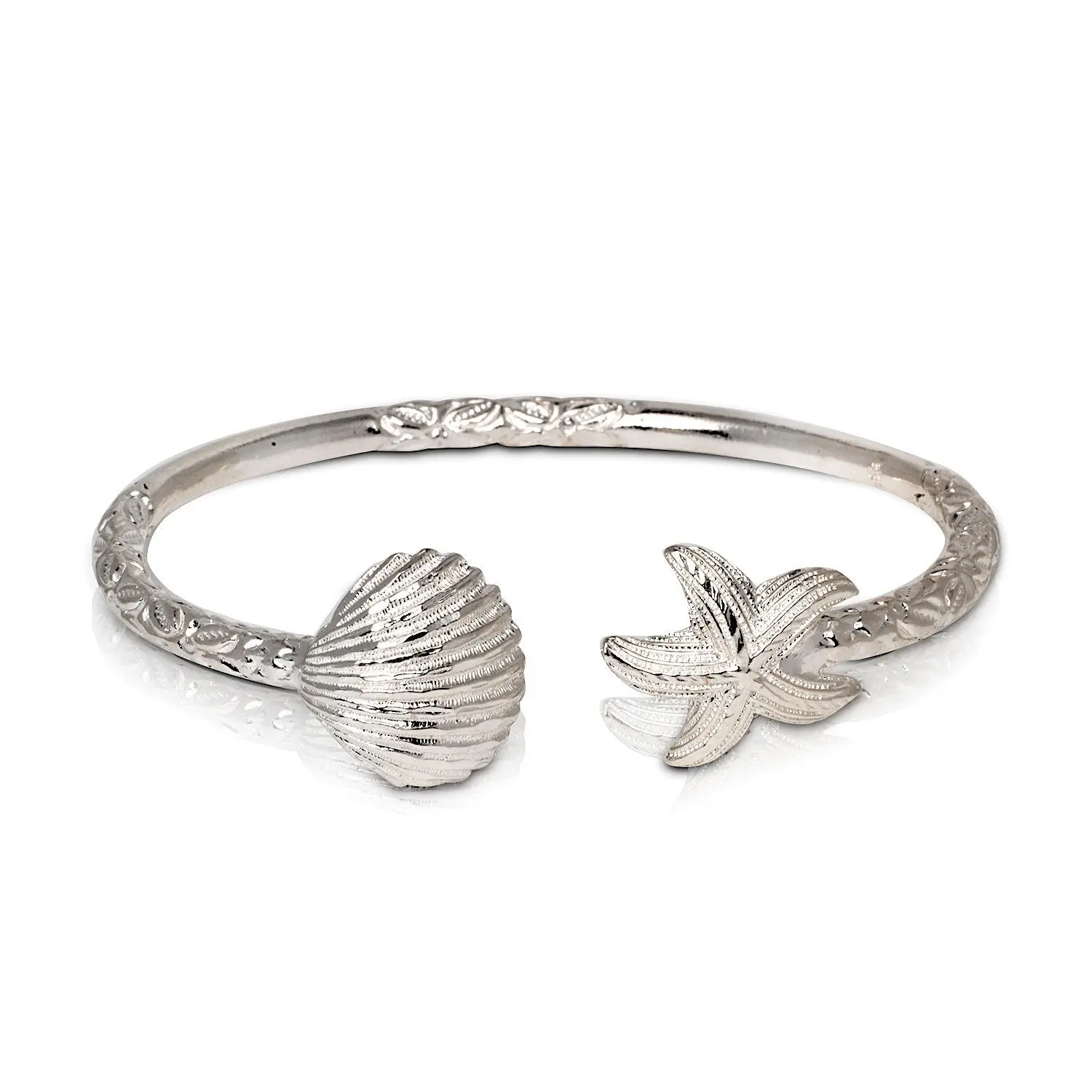 .925 Solid Sterling Silver Thick Bangle - Handmade Caribbean Tropical Beach Jewelry, Scallop Sea Shell with Starfish Ends, 1 Piece, Caribbean Bracelet, Tropical Bracelet