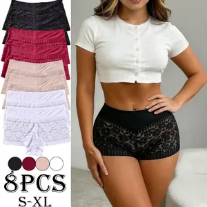 Women's Pack of 8 Seamless Floral Cutout Lace Briefs - Solid Color, Minimalist Aesthetic, Basic Triangle Style, Butt-Lifting, Skin-Friendly Breathable Fabric, Straight Leg Fit for Everyday Wear, Dates