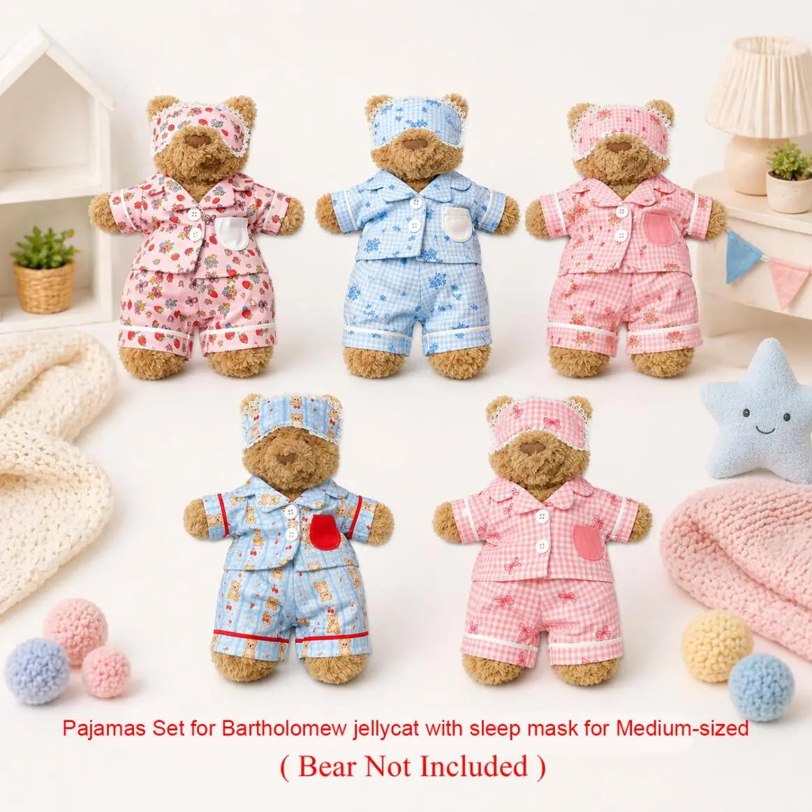 Pajamas Set for Bartholomew jellycat with sleep mask for Medium-sized bear, pajamas & sleep mask, cute pajamas, ( Bear Not Included ) Cozy Sleepwear Outfits