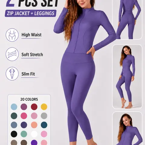 Women's Two-Piece Sportswear Set, Long Sleeve Zip-Up Top & Slim Fit Pants, Stretchable Activewear, Athletic Sets for Gym, Fitness, Outdoor Activities
