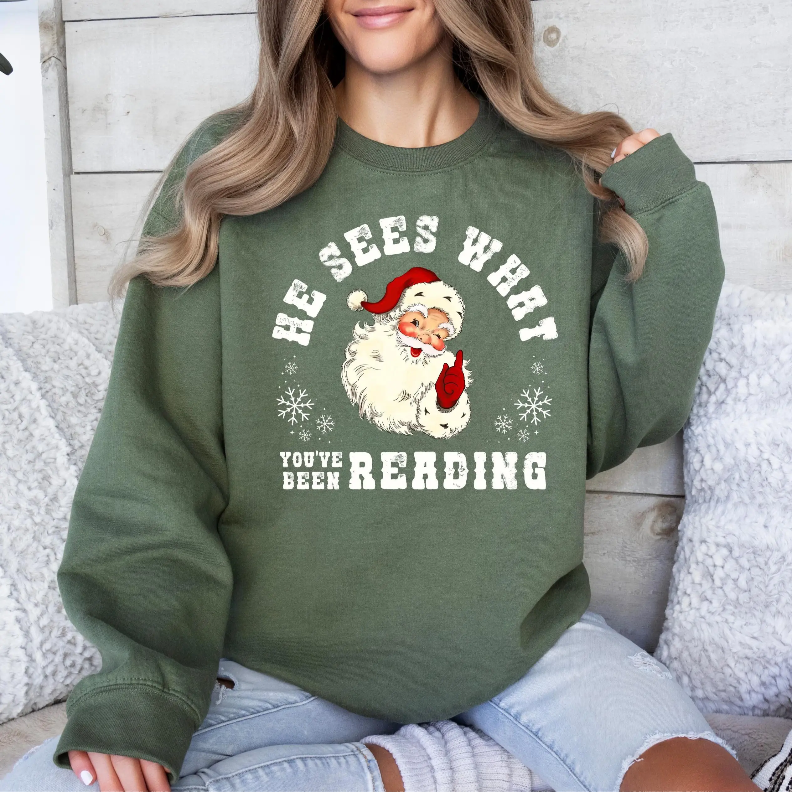 He Sees What You've Been Reading Sweatshirt, Vintage Christmas Santa Sweatshirt, Cozy Holiday Apparel for Women, Cute Santa Claus Graphic Crewneck Sweater, Merry Christmas Sweatshirt, Festive Holiday Season Outfit, Cute Secret Santa Gift Idea for Her