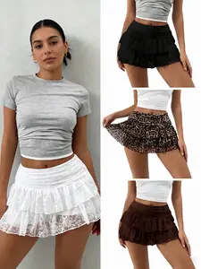 Women's  Lace Mini Skirt Women Low Rise Pleated Ruffle Tiered Half Slip Elastic Waist Flowy Mesh Sexy Short Underskirt