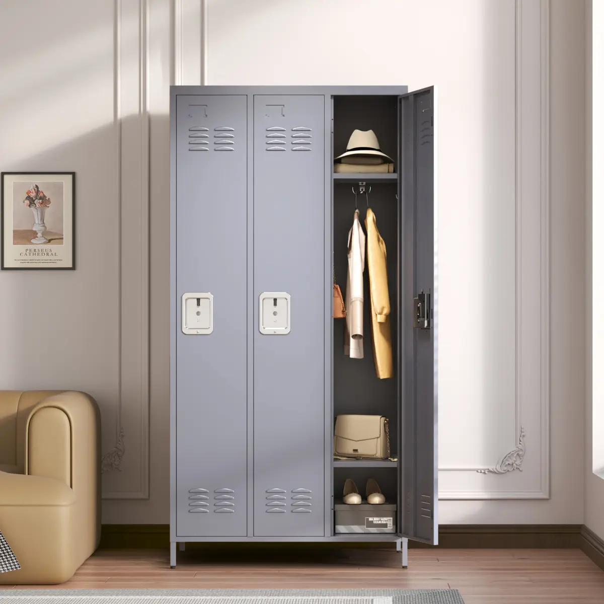 Modern Minimalist Gray 3-Door Locking Steel Office Locker - 72"H, 93.70 lbs, Durable, Easy Install, Commercial Storage Cabinet for Adults, Office, Gym (Assembly Required), School