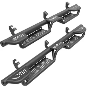 Three Raised Steps CrewMax Cab Running Boards Compatible with 2007-2021 Toyota Tundra Crew Max Cab Side Steps, Two Stair Design Style Truck Side Rails Nerf Bars (Black Powder Coated)