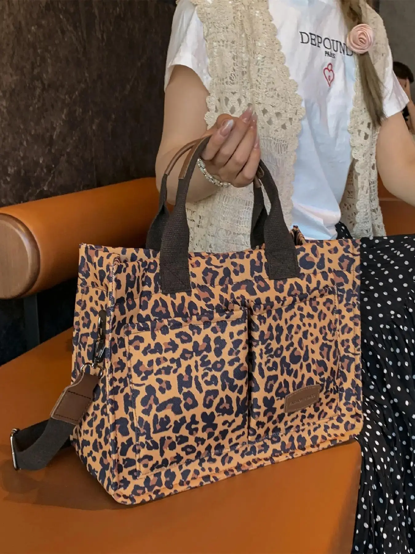 Fashionable Leopard & Fruit & Flower & Striped Print Tote Bag, Casual Animal Print Shoulder Bag for Women, Vintage Multi-pocket Cow Print Tote Travel