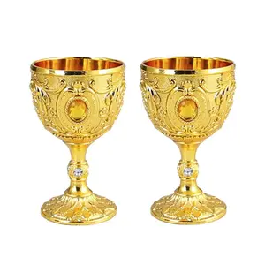 Vintage Gold Wine Goblet Chalice Cup Elegant Baroque Style Metal Wine Glass, Decorative Holy Grail Drinking Cup for Wine Tea Water, Aesthetic Party Drinkware for Banquet Wedding Home Bar Decor Gift