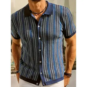 Men's Slim-Fit Striped Knit Shirt - Casual Short Sleeve with Button Detail, Breathable Viscose Blend, Machine Washable