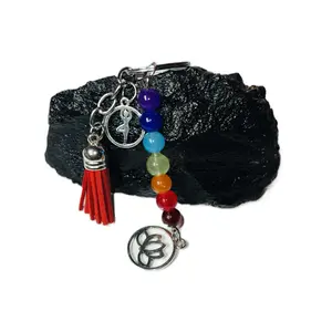 Chakra Energy Gemstone Beads Lotus Tassel Pendant Keychain with Colorful Beads and Decorative Design