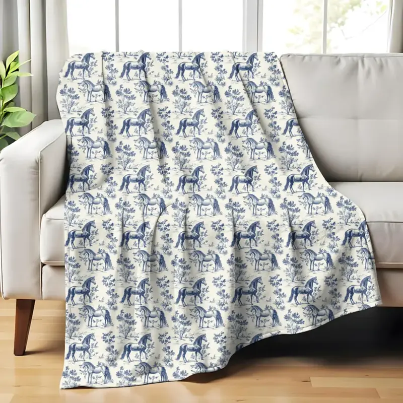 Toile Horse Blanket - Blue French Toile de Jouy Cozy Throw for Horse Lovers French Country Blanket Equestrian Blanket Gift for Horse Mom