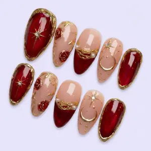Baroque Press On Nails | 3D Gold Rose, Celestial Moon & Pearls | Ruby Red Almond Set