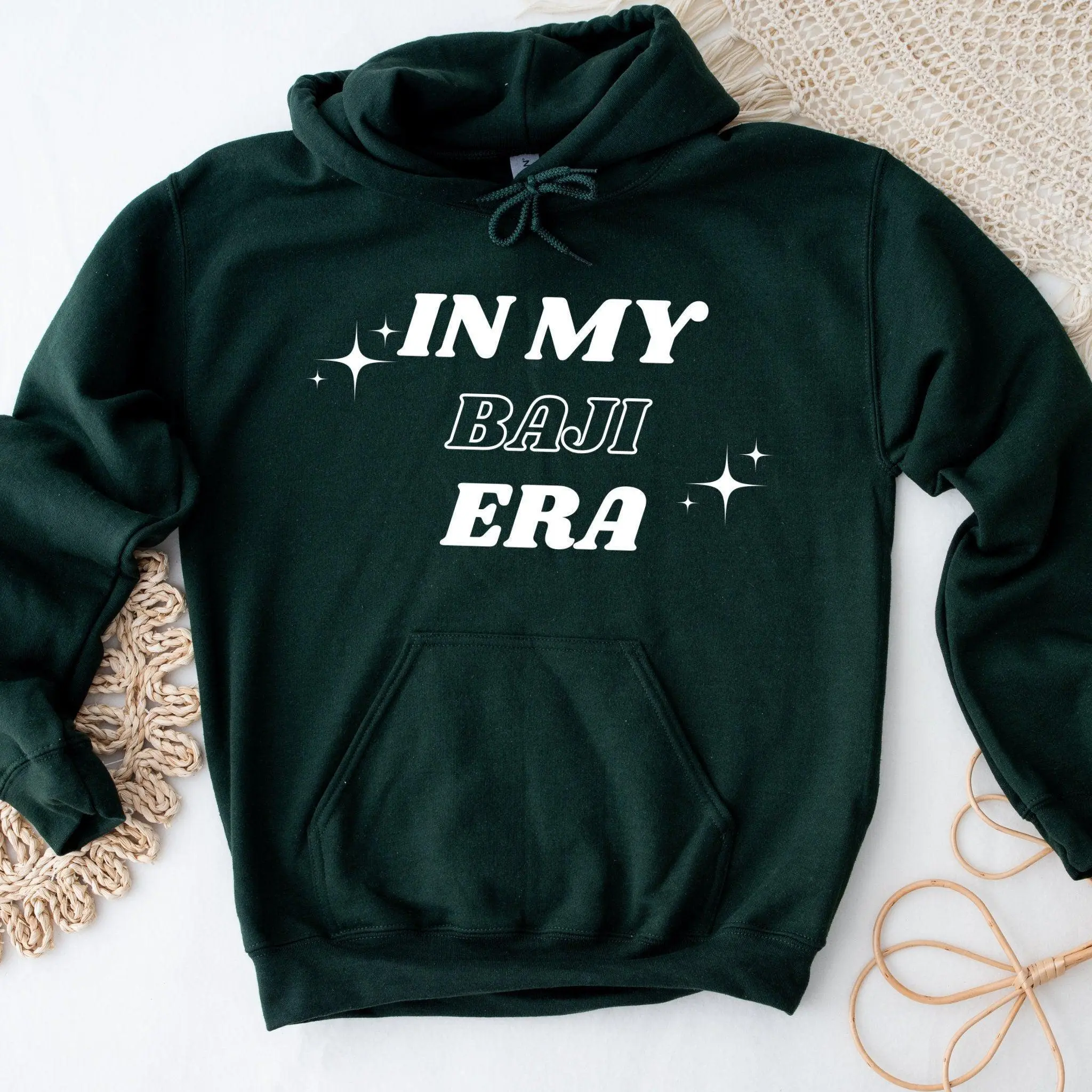 In My Baji Era Hoodie by Humraha | Desi Arab Muslim Fashion Apparel Gifts for Ramadan Eid Nikkah Wedding Couples Families New Moms Aunts Uncles Grandparents | Pakistan India Bangladesh Palestine Lebanon Egypt Syria