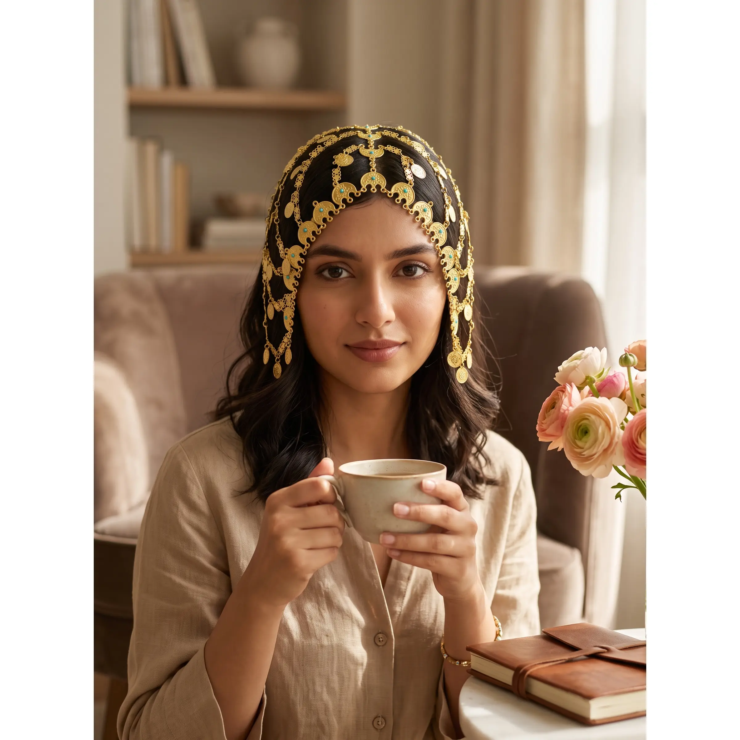 Traditional Afghan, Arab Gold-Tone Coin Headpiece with Turquoise Accents – Bridal Hair Jewelry 7174