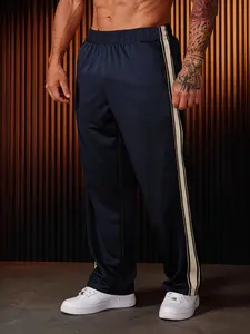 Mid-Waist Straight Leg Sports Pants, Elastic Polyester Fabric with Belted Patchwork, Comfortable Breathable Wear, Suitable for Gym and Casual Use, Breathable Activewear Bottoms