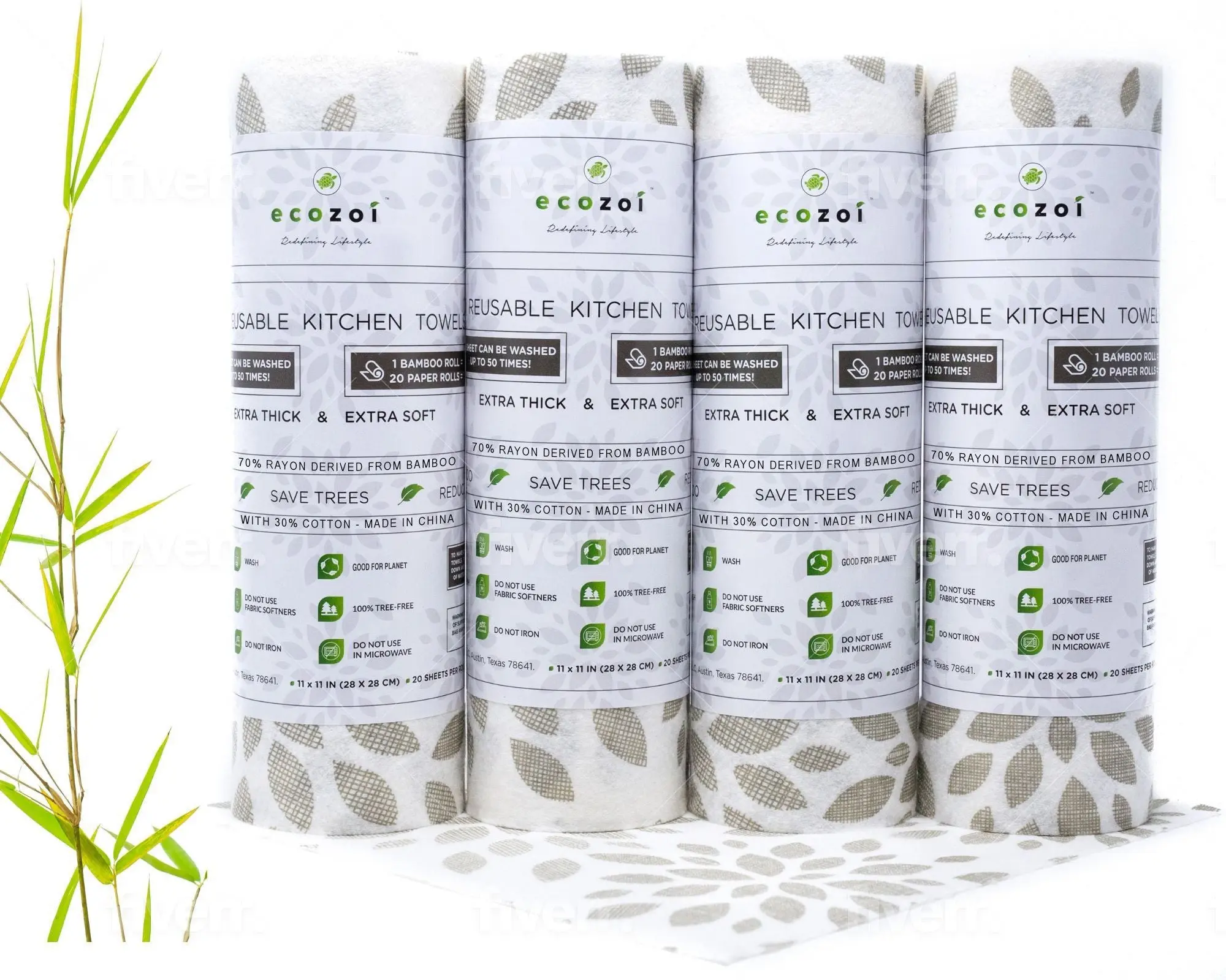 Bamboo Kitchen Paper Towels, Reusable Tree-Free Rolls with Design, 4 Pack Bamboo Kitchen Paper Towels, Reusable Tree-Free Rolls with Design, 4 Pack