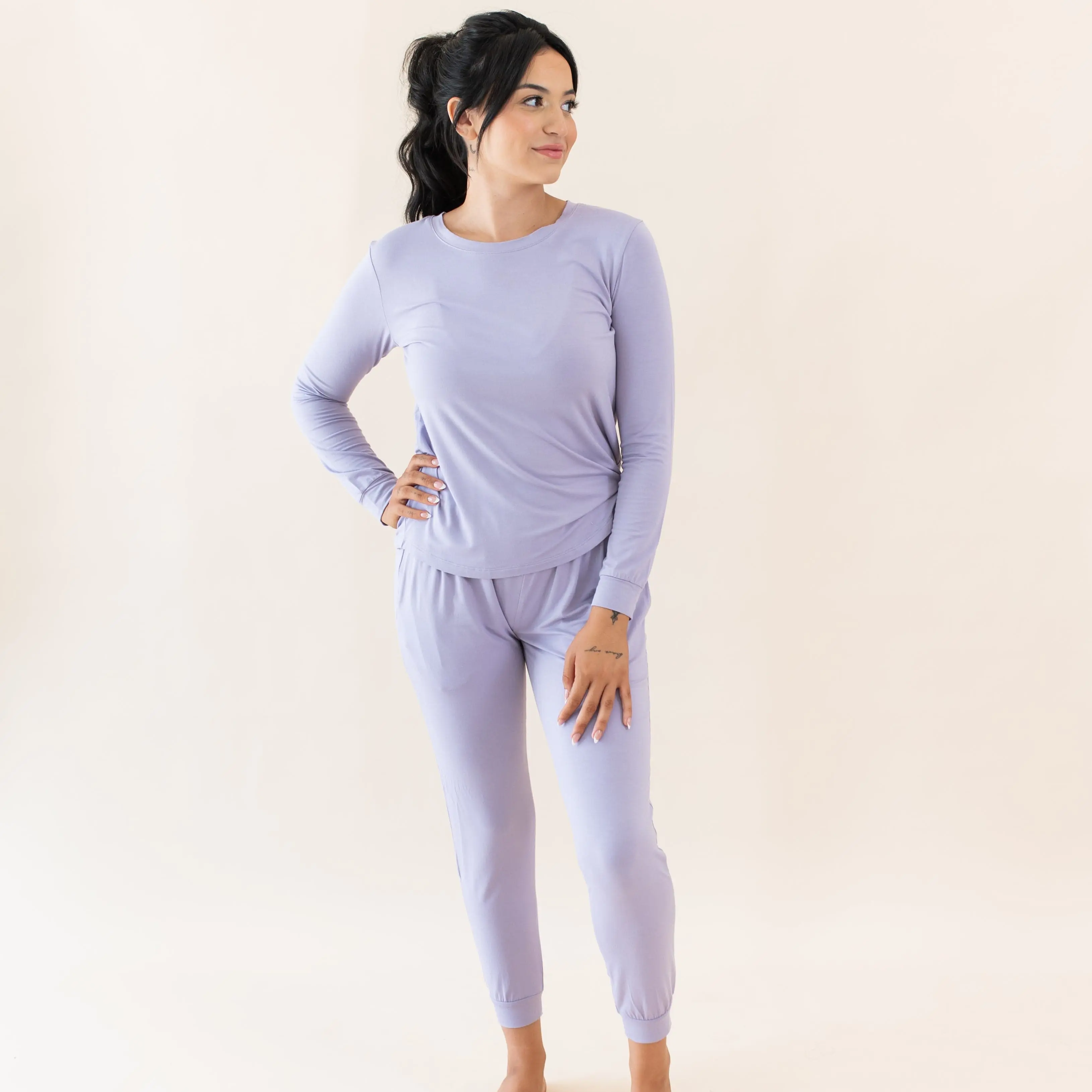 Women's 2-Piece Taro Light Purple Jogger Pajama Set - Soft Bamboo Rayon Spandex Casual Loungewear, Long Sleeve Tee & Matching Elastic Breathable Nightwear Pants, Extensive Range of Multi-Sizes