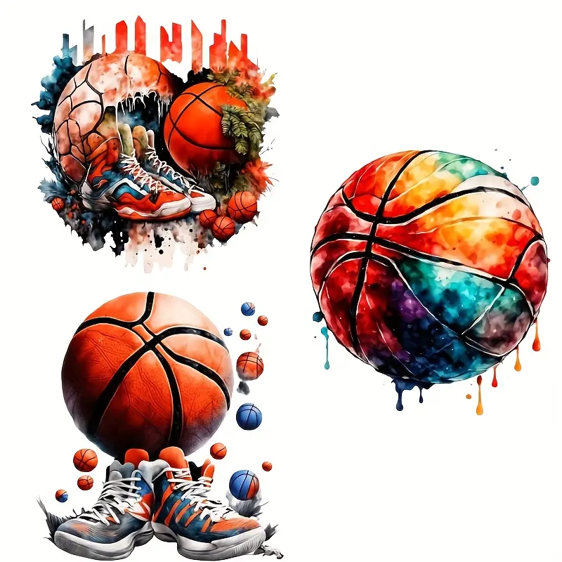 3 Piece Basketball Theme Heat Transfer Stickers, Mixed Colors, for T-Shirts, Hoodies, Bags, Sports Fan Clothing Decoration Art