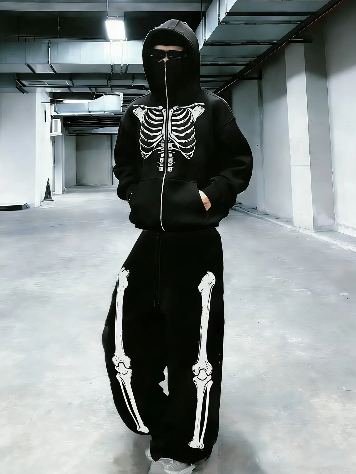 Unisex style, streetwear, gothic bone pattern print mask with Balaclava hat, zippered hoodie, and wide-leg pants set. Dark-themed streetwear fashion, suitable for motorcycle travel, outdoor activities, and couples’ outfits