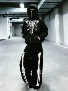 Unisex style, streetwear, gothic bone pattern print mask with Balaclava hat, zippered hoodie, and wide-leg pants set. Dark-themed streetwear fashion, suitable for motorcycle travel, outdoor activities, and couples’ outfits