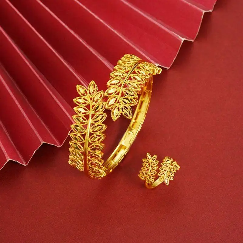 Luxury Women's Bangle 18K Golden Plated Light Luxury Leaves Hollow Out Wedding Bridal Cuff Bracelet Set, suitable for festivals,parties to wear, can be used as girlfriend,mother,gifts girlfriend, bracelets for women