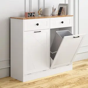 Vabches Trash Cabinet Double Trash Can, Free Standing Recycling Trash Cabinet With 2 Drawers For Kitchen Vabches Trash Cabinet Double Trash Can, Free Standing Recycling Trash Cabinet With 2 Drawers For Kitchen