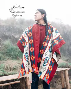 Red Sky Unisex Alpaca Wool Poncho. Made in Ecuador! Crafted by Indigenous Hands. One size. Unisex.