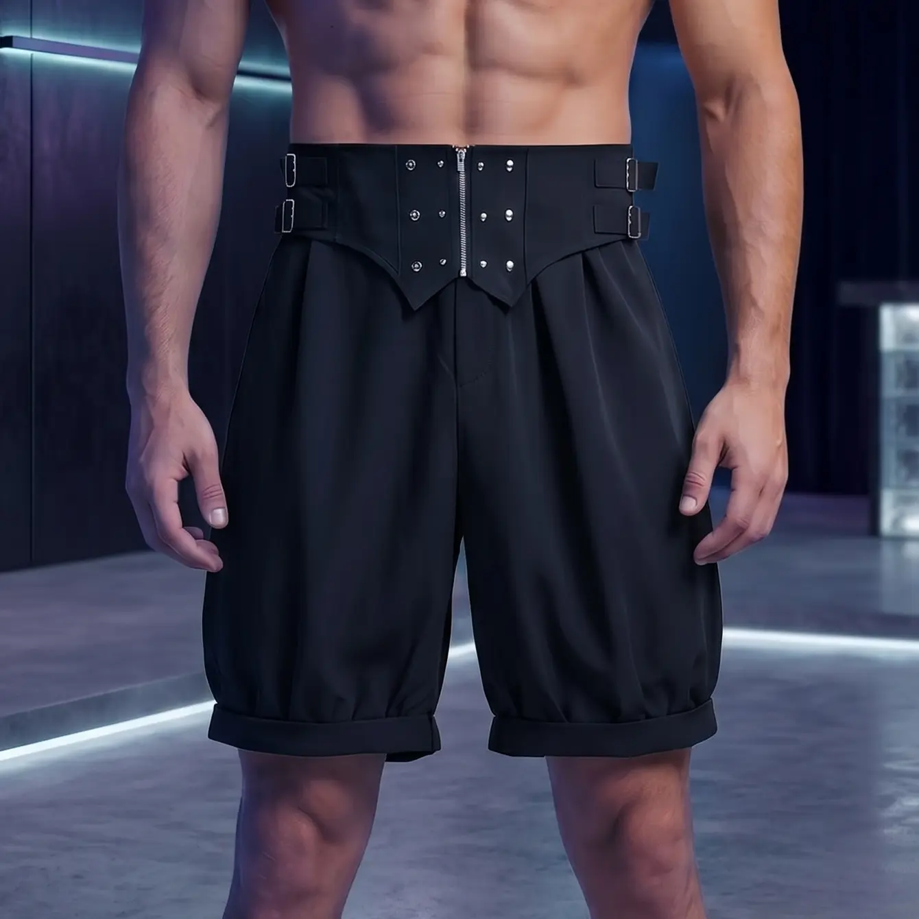 INCERUN Men's Plain High Waist Shorts, Western Goth Balloon Bottoms with Corset Buckle for Edgy Avant-garde Streetwear, Gothic Shorts, Streetwear Avant‑Garde