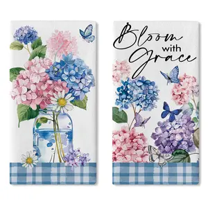Spring Summer Hydrangea Flower Kitchen Dish Towels Set of 2, Bloom with Grace Floral Butterfly Drying Hand Towel Baking Cooking Cloth, Plaid Mason Jar Farmhouse Bathroom Home Decor 18'' x 26''