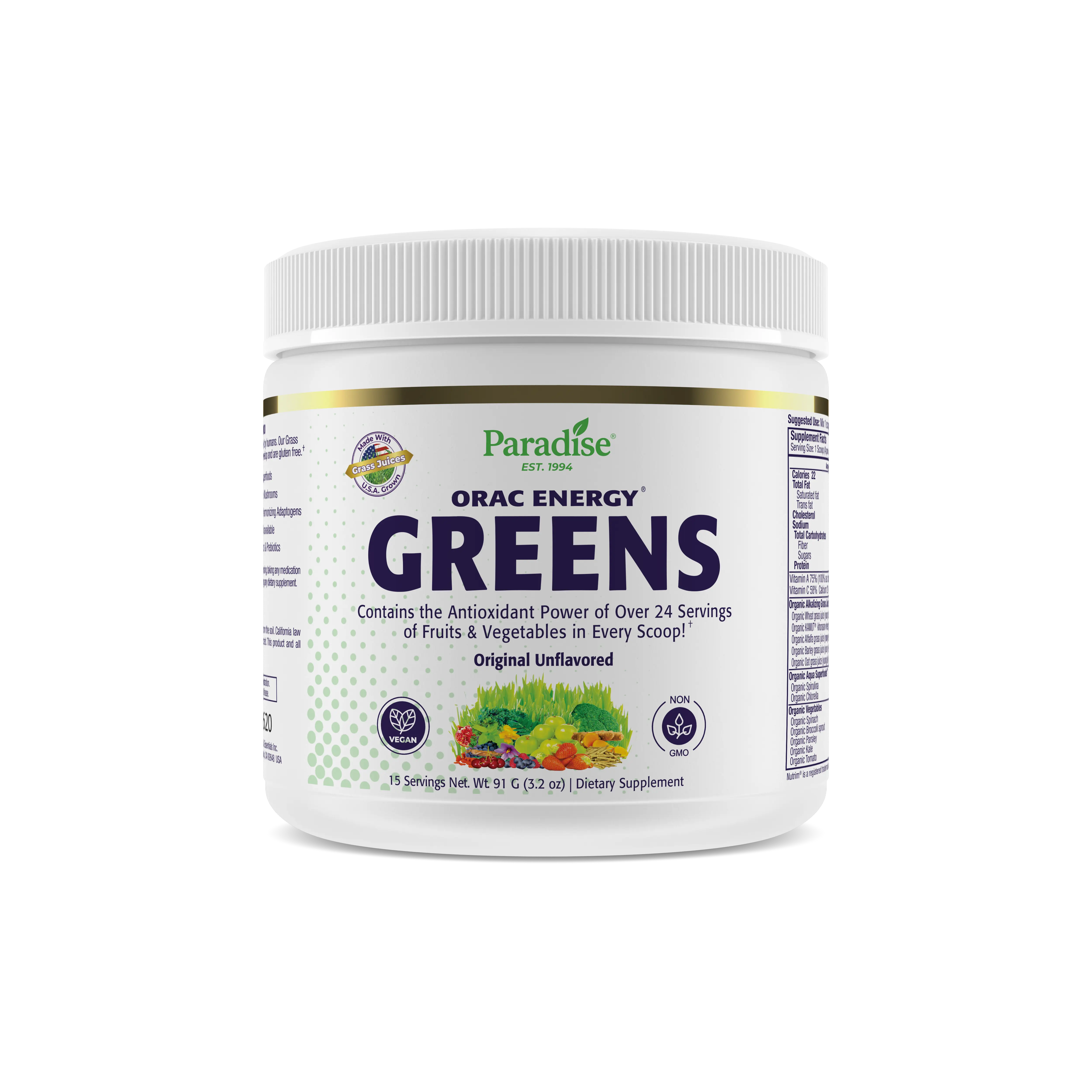 ORAC Energy Greens 15 Servings - Greens Formula - Spirulina - Wheat Grass - Chlorella - Immune - Energy - Adaptogens - GMO Free Dietary Supplement