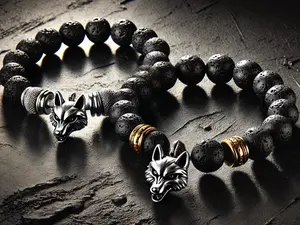 Asgard Crafted Wolf Head And Lava Stone Bracelet