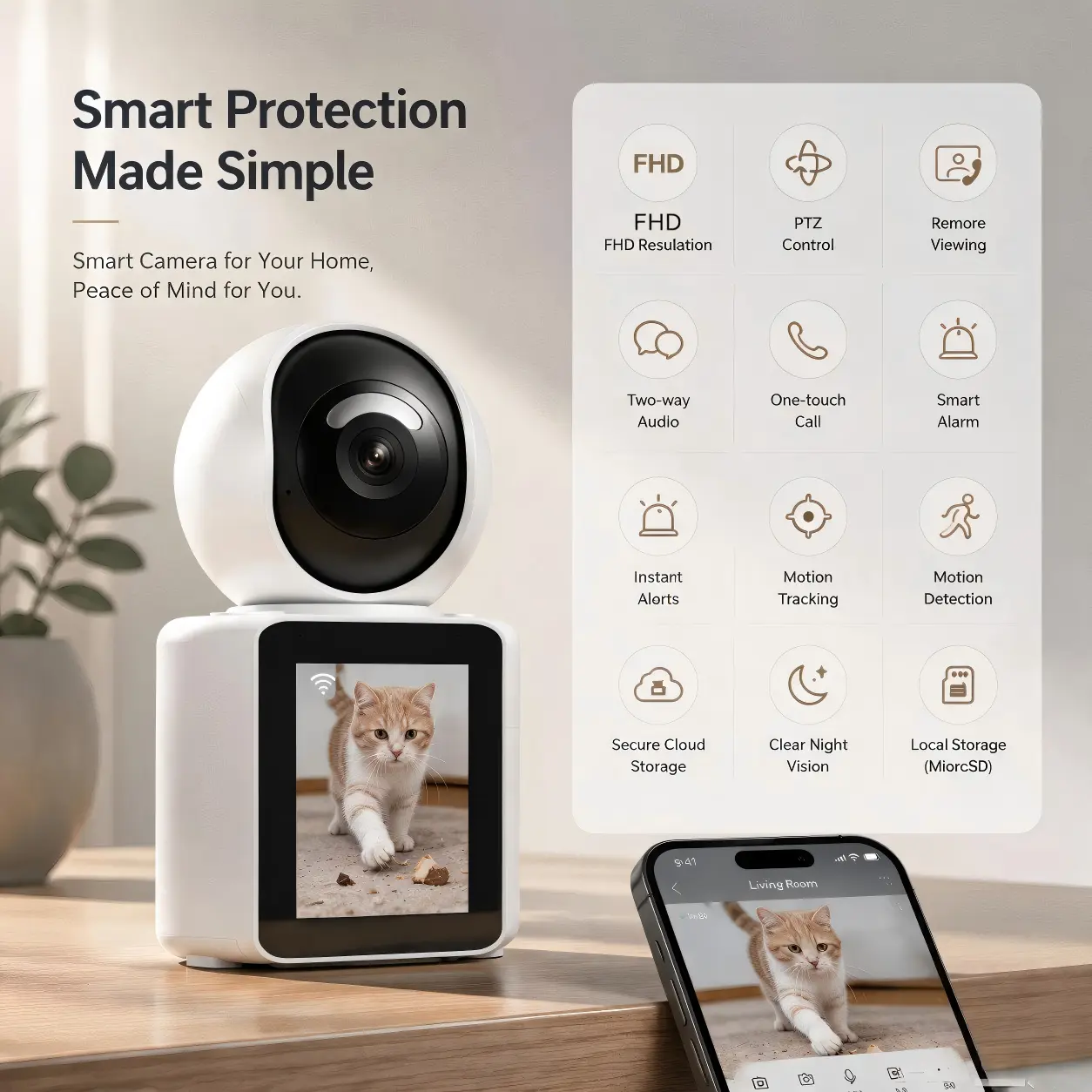 NKCCNUR 1PC High Definition Smart Security Camera, Indoor PTZ WiFi Baby Monitor, Motion Detection, Night Vision, Two-way Voice, Cloud Storage and Local Storage, Remote Viewing of Home Pet Camera