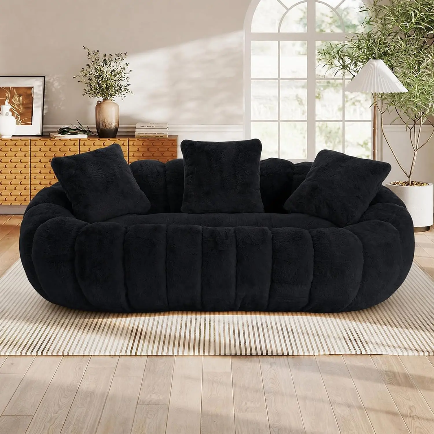 75.5" Boneless Cloud Couch, Lazy Floor Sofa, Puff Oversized Loveseat, Black, No Assembly, Faux Rabbit Plush, Pumpkin Shaped Marshmallow Sofa, 28.5" Deep Seat, for Pets, Living Room, Balcony, 3 Pillows