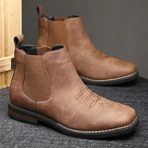 A Pair of Men's Casual Chelsea Ankle Boots - Solid Color Faux Leather Fabric, Fabric Lining, Convenient Slip-On Pointed Toe Ankle Boots, Rubber Sole, Suitable for All Year Daily Wear