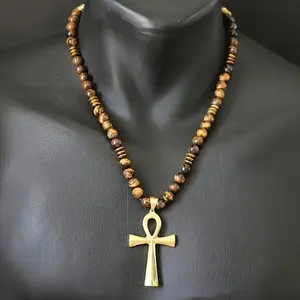 Boho Tiger Eye Beaded Ankh Amulet Necklace - Vintage Brass Egyptian Life Symbol Adjustable Chain, Spiritual Healing Protection Crystal Jewelry for Women